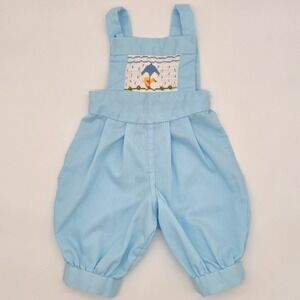 Vintage Baby Blue Smocked Duck Overalls Romper Baby Size 0-3 Months